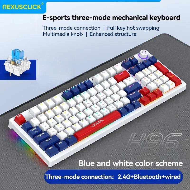 NexusClick 96 Keys Three-Mode Mechanical Keyboard, Hot Swappable Keycaps, RGB Backlit,Multimedia Knob,Ergonomic for Gamer Office