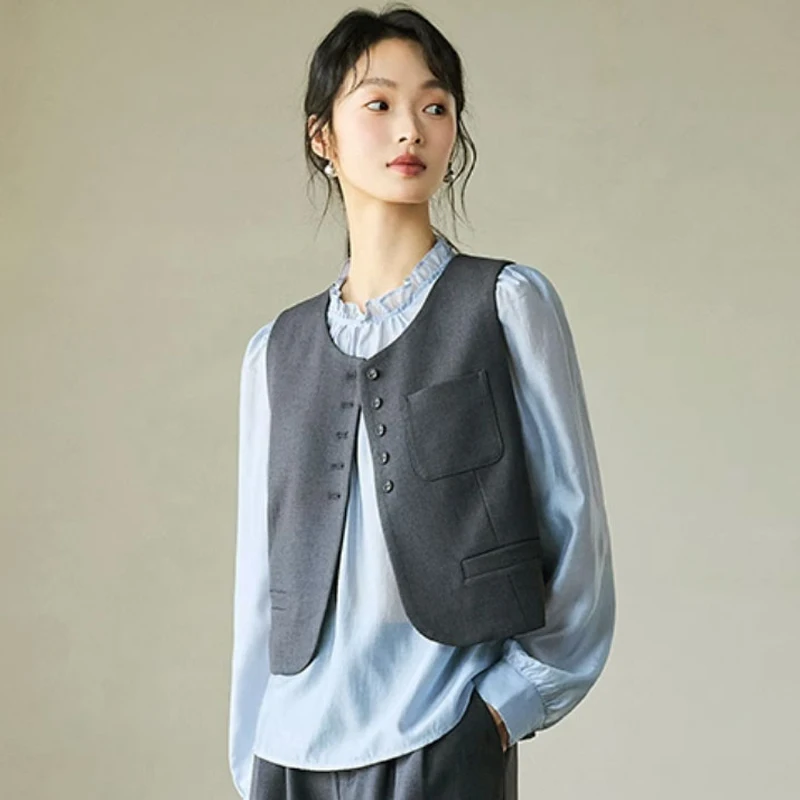 

Simple Gray Women Suit Vest Korean O Neck Casual Sleeveless Jackets 2025 Female Vintage Waistcoat Chic Tops Women Clothing