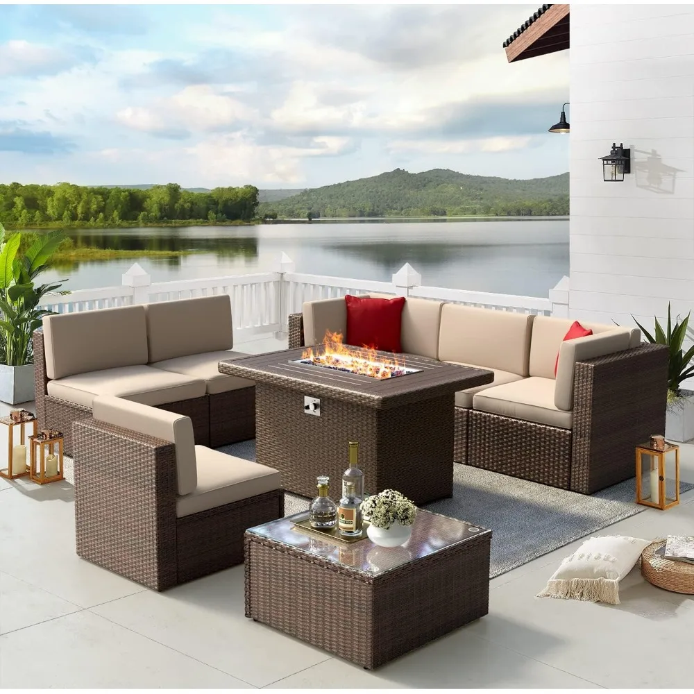 

Patio Furniture Set 8PCS With 40" Fire Pit Table Wicker Furniture Set With Coffee Table ，Outdoor Sectional Sofa Sets