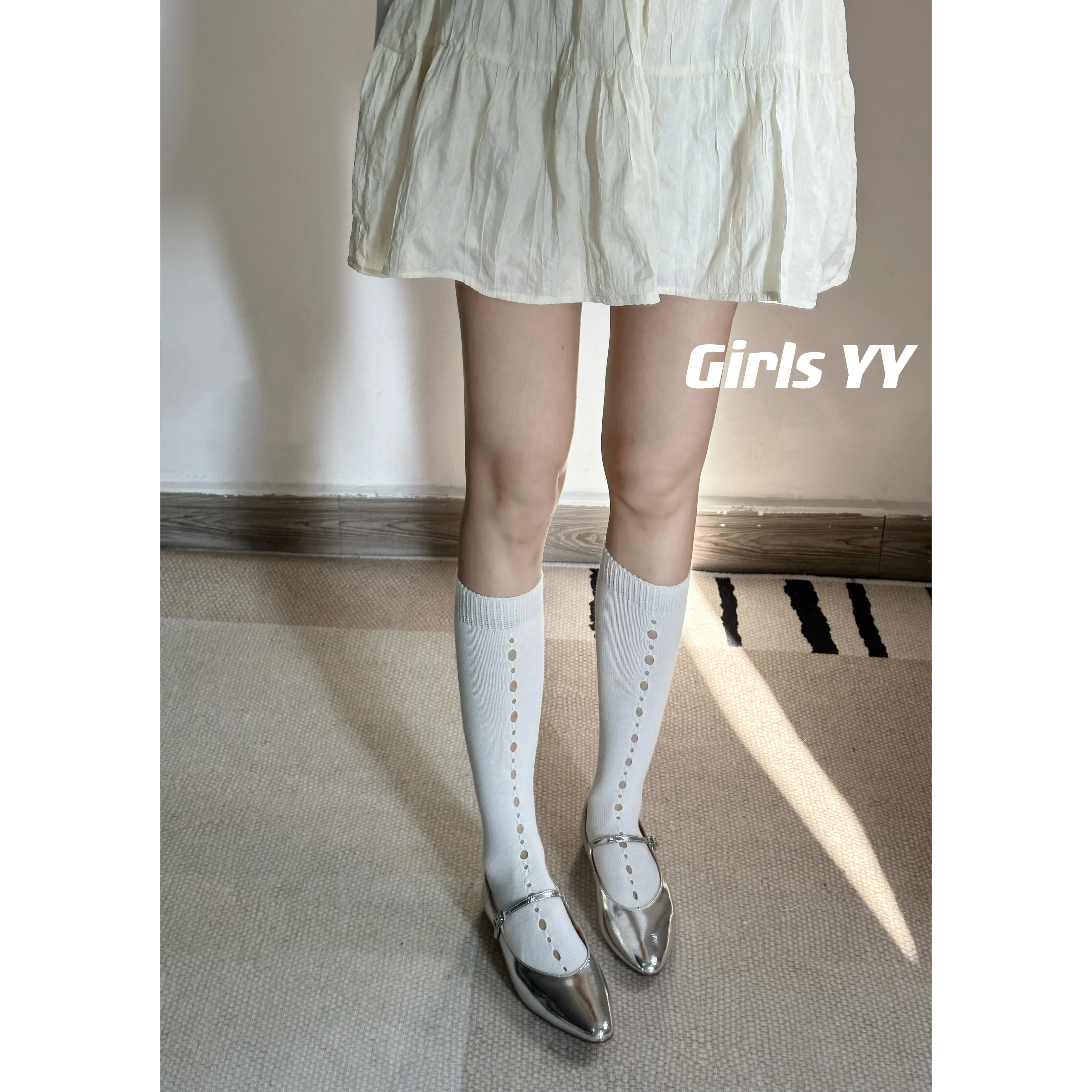 Spring and Summer Hollow Cotton Socks Vertical Stripes Calf Socks Female Niche Socks Long Tube Japanese Style All-Matching Cool