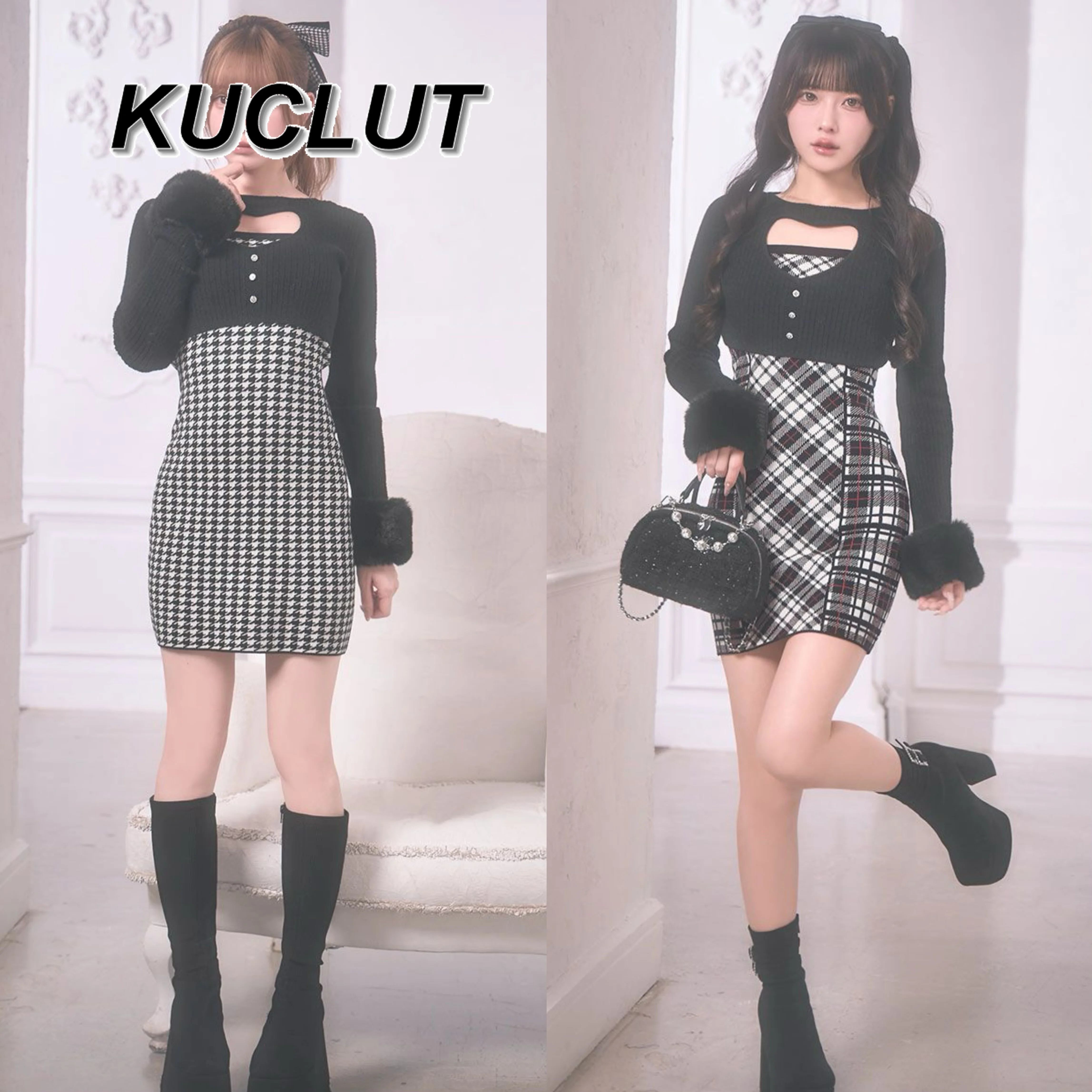 النمط الياباني Houndstooth المرقعة فستان قصير غير رسمي المرأة الجوف خارج محبوك فساتين طويلة الأكمام للنساء ربيع الخريف