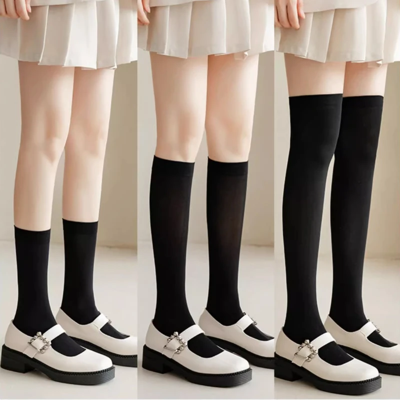 Kaus Kaki Wanita JK Warna Solid Kaus Kaki Setinggi Lutut Tipis Kaus Kaki Panjang Lolita Hitam Putih Lucu Stoking Cosplay Kawaii Anak Perempuan