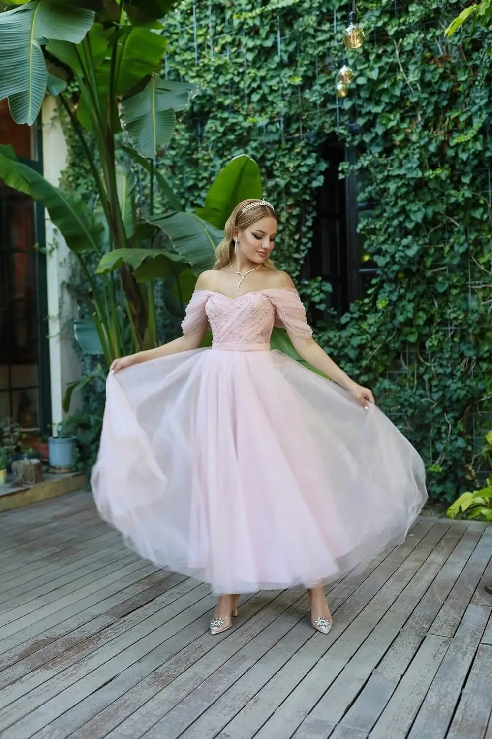 

Teens Princess Formal Simple Wedding Dress Tulle Tea-Length Off-The-Shoulder Prom Dress for Women Sweetheart Beaded Puffy Gown