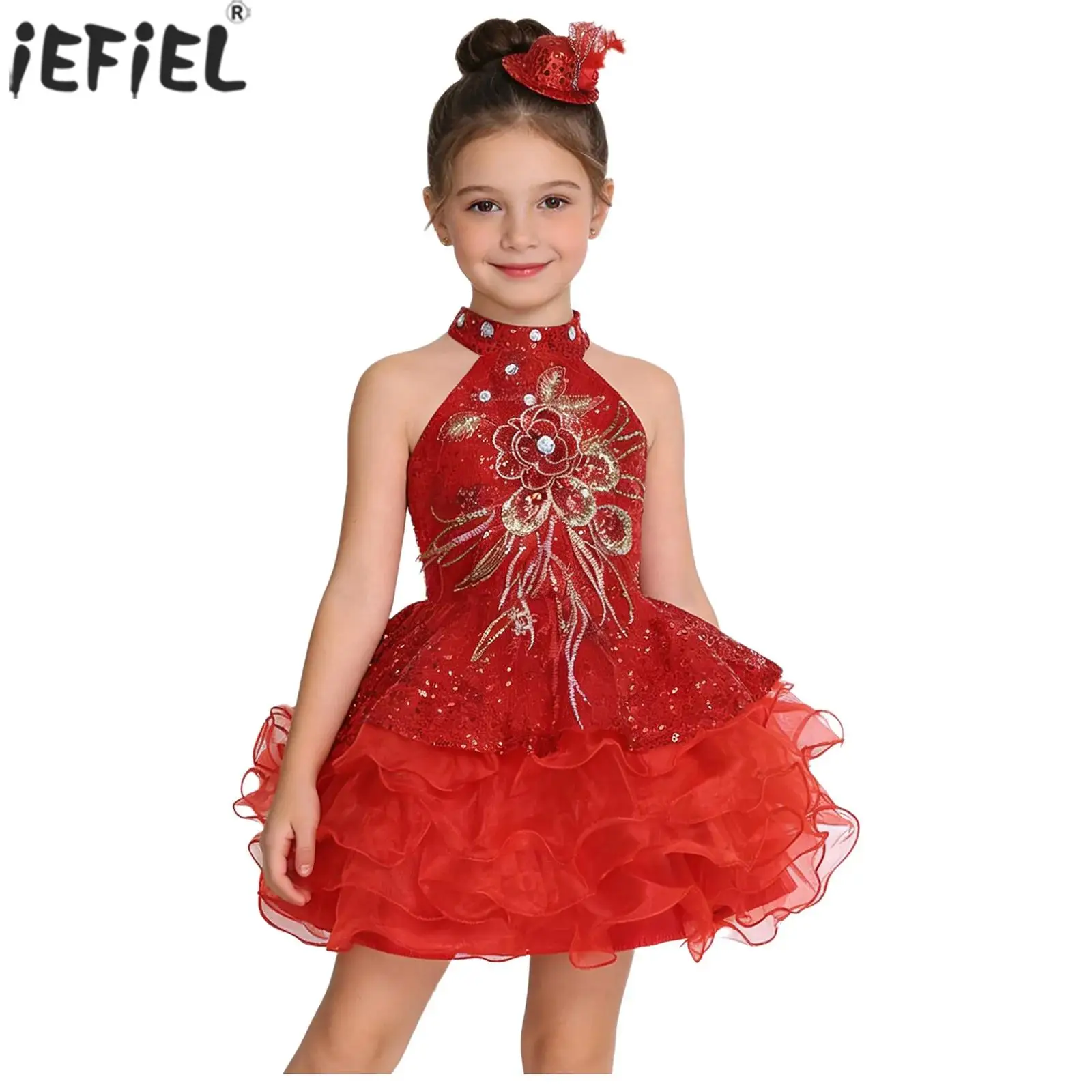 Kids Girls Sequin Princess Dress Applique Tiered Ruffled Mesh Tutu Dress with Mini Hat for Pageant Party Dance Stage Performance