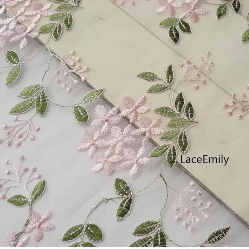 1 Yard 4 Colors Pink flower Lace Fabric Floral green leaf Embroidered Tulle lace For Wedding Gown,  , Summer Dress, Party Dress