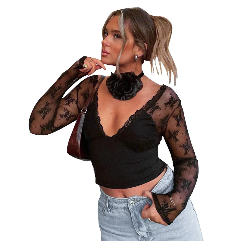 T-shirt Sexy en dentelle épissé pour femmes Q25tp00 F, chemisier pour dames, confortable, assorti avec tout