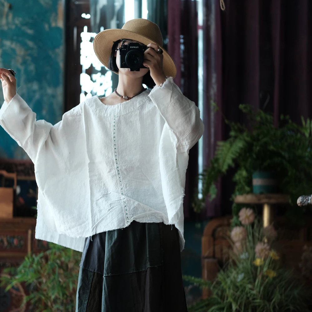 Übergroße Baumwolle Leinen Casual T-shirts Frauen Neue 2025, Frühling Vintage Stil Oansatz Lose Weibliche Batwing Hülse Tops Tees M684