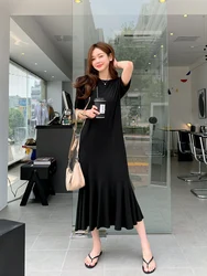 Slimming Effect Modal Summer New Fish Tail Dress Women's Loose Waist Hemming Detailing Casual Style Long Knee-Length Dress