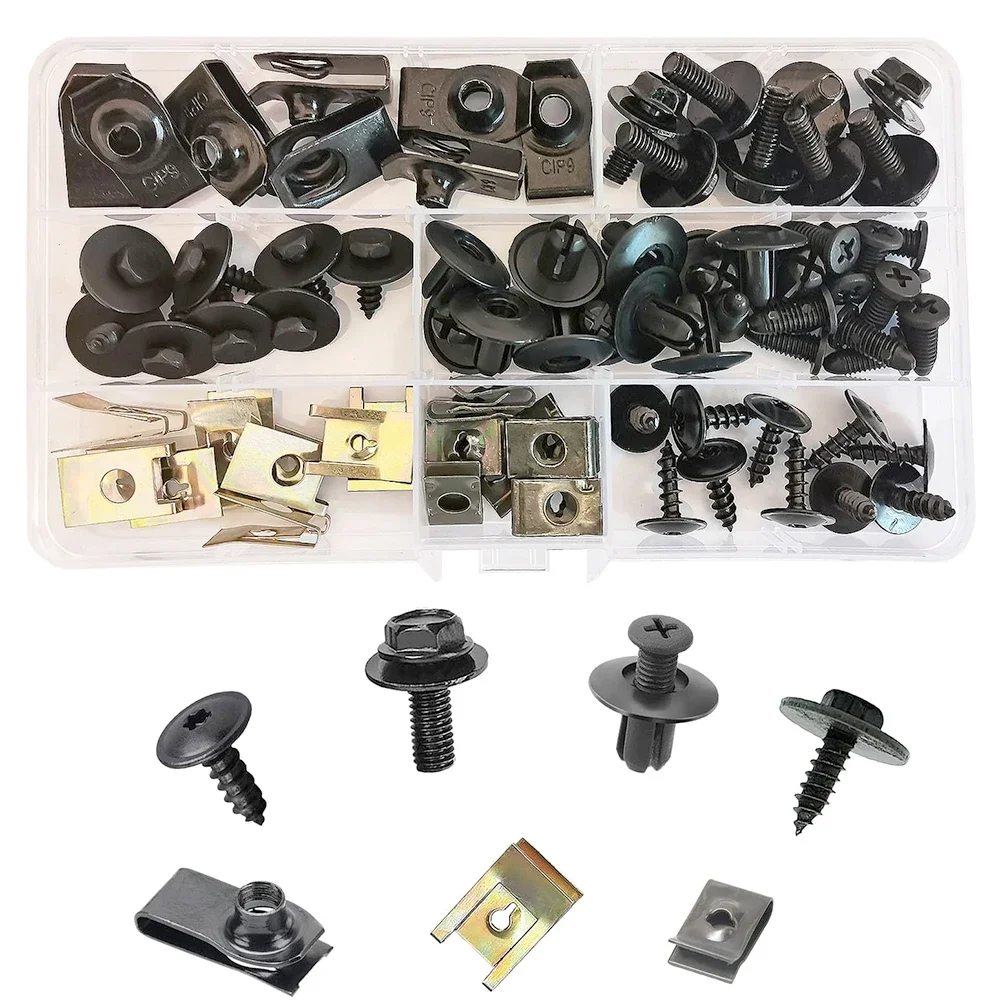 64/76/80pcs Car Motorcycles Metal Screw Tapping Fastener U-Type Clip with Screw Anti-rust Protection Screw Buckle Iron Sheet