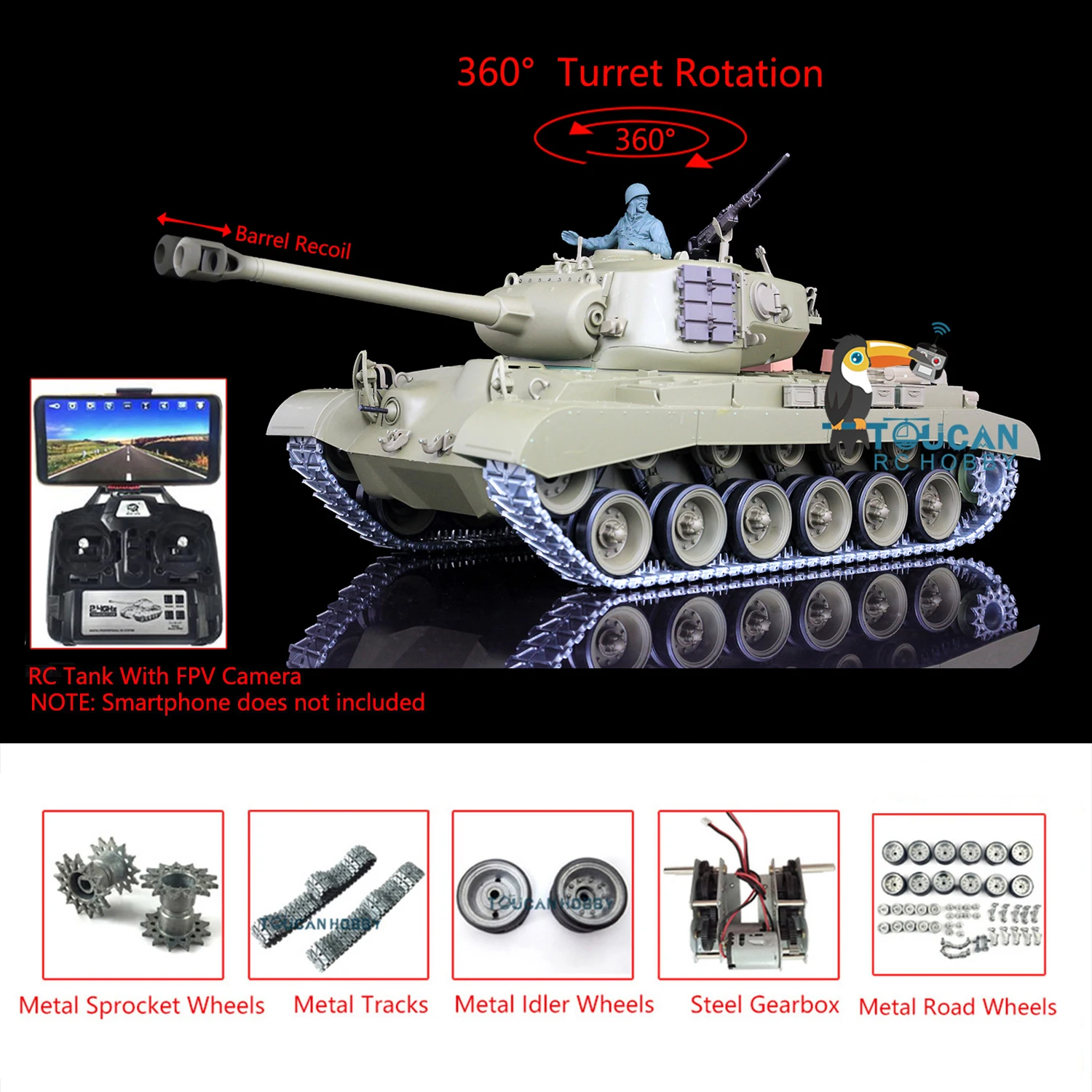 HENG LONG 1/16 7.0 FPV Customized M26 Pershing RTR RC Tank 3838 Barrel Recoil Soldier Machine Gun BB Gearbox Radio Toys TH20329