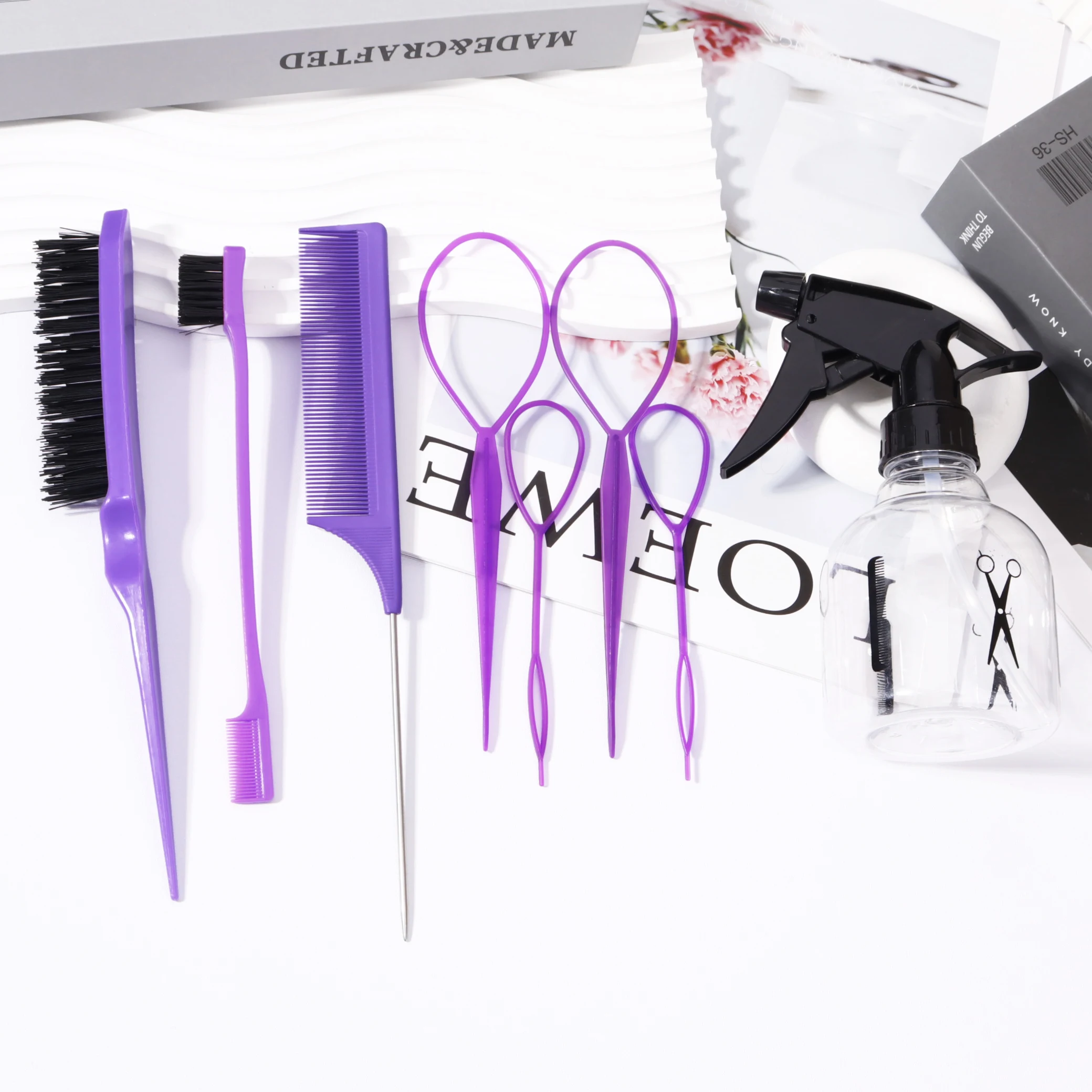 مجموعة أمشاط الشعر مكونة من 8 قطع، فرشاة حافة، فرشاة حافة مشط ذيل الماوس، مع أدوات النسيج وزجاجة الرش، خاصة للشعر المستعار الحقيقي
