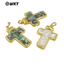 WT-JP407 Fashionable Natural Colored Abalone And White Shell Cross Shape Pendant For Necklace Jewelry Accessory