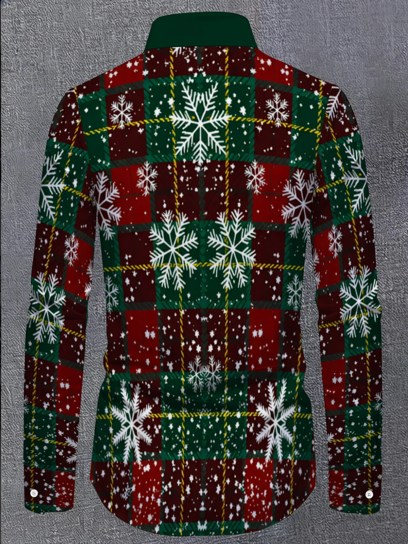 Mens Festive Xmas Shirt, Red Green Tartan Check White Snowflake Full Print Long Sleeve Button Up Party Outfit