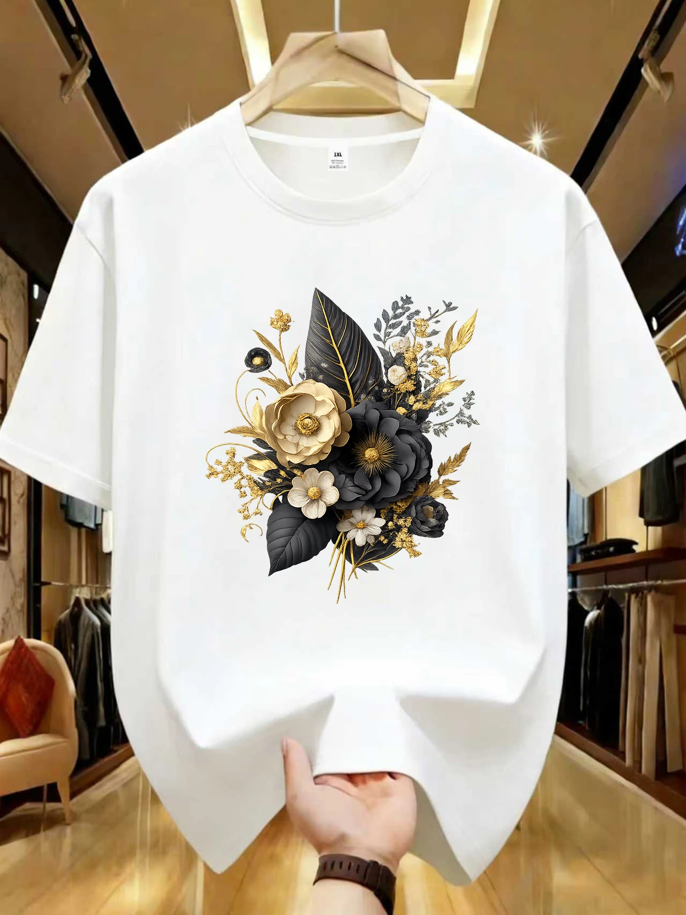 

【WZM102142】Женская футболка больших размеров с креативным цветочным принтом, круглым вырезом, летняя, повседневная, с короткими рукавами, в уличном стиле, универсальная.