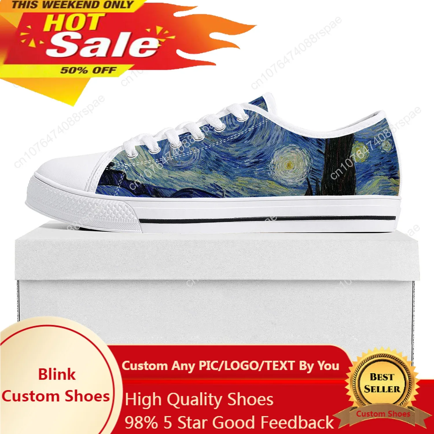 Van Gogh Oil Paint Starry Night Low Top High Quality Sports Shoes Men Ladies Teenagers Canvas Shoes Couple Shoes Custom Shoes