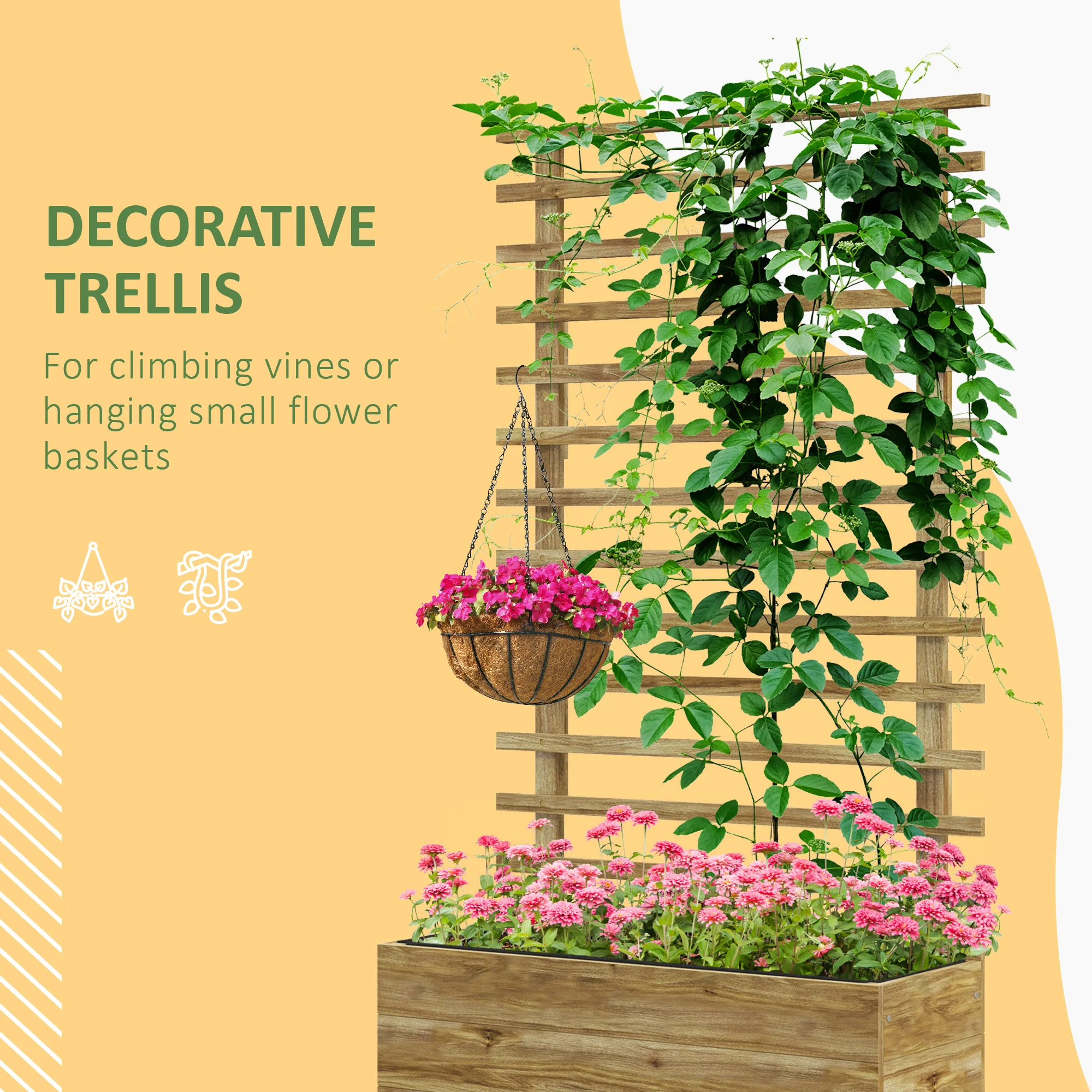 Garden Wooden Planter Box with Trellis Flower Raised Bed W/ Wheels, Natural