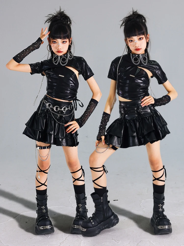 ブラックジャズダンススーツ子供服 Kpop ステージ衣装ファッションショーダンス衣装明るいシルバーケーキスカートストリート AMY2055