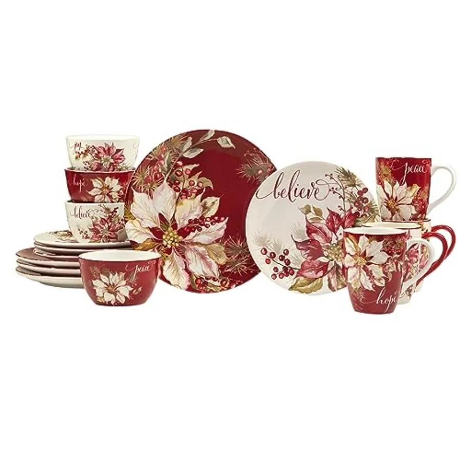Winters Joy 16 Piece Dinnerware Set Service for 4 Ceramic White Durable and Microwave Safe