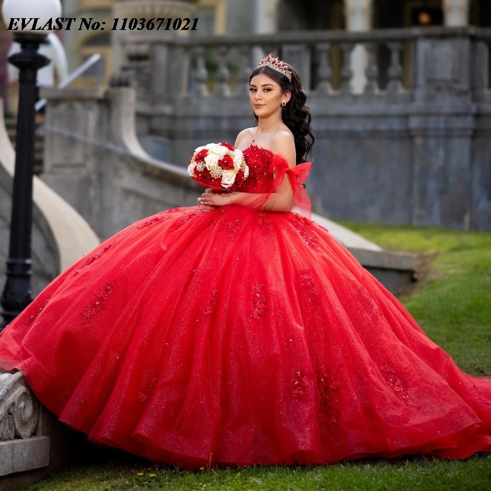 

EVLAST Customized Red Quinceanera Dress Ball Gown Off Shoulder Lace Applique Beading Corset Sweet 16 Vestidos De 15 Anos SQ781