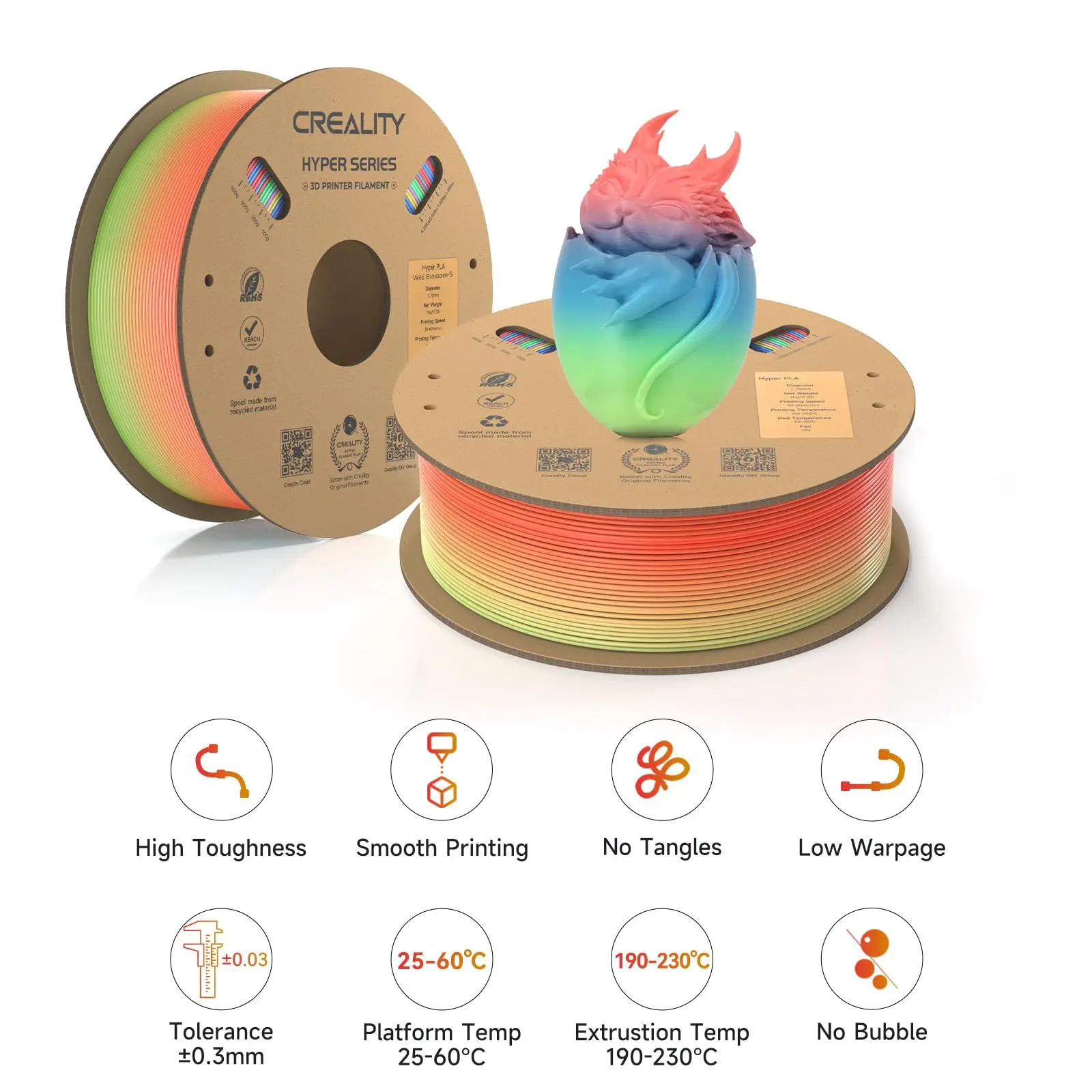1KG Creality Hyper PLA Filament Rainbow ±0.03mm Accuracy High Speed Filament Multicolor Color 1.75mm New 3D Printer Materials