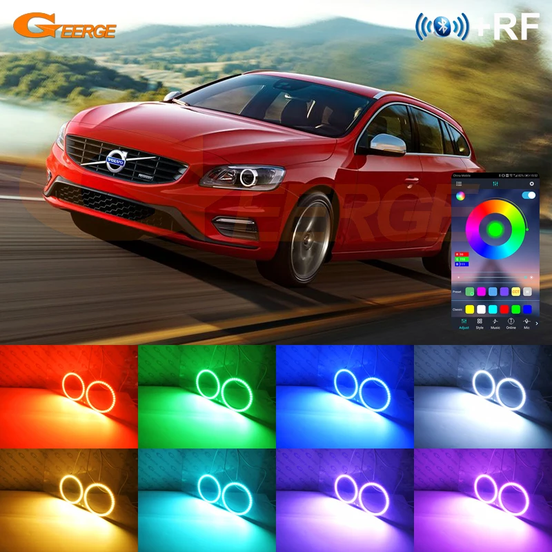 For Volvo S60 V60 2014 2015 2016 2017 2018 RF Remote Bluetooth APP Multi-Color Ultra Bright RGB LED Angel Eyes Kit Halo Rings