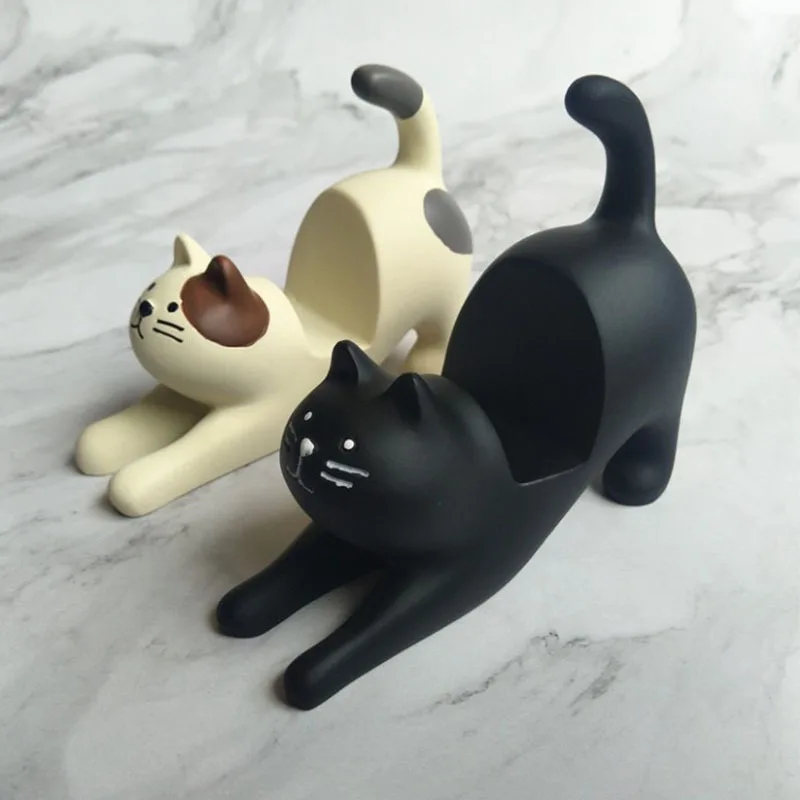 Black Stretching Cat Desktop Stand 'Meow' Star Ornament Lazy Person Cell Phone Holder Resin Craft Desk Accessory