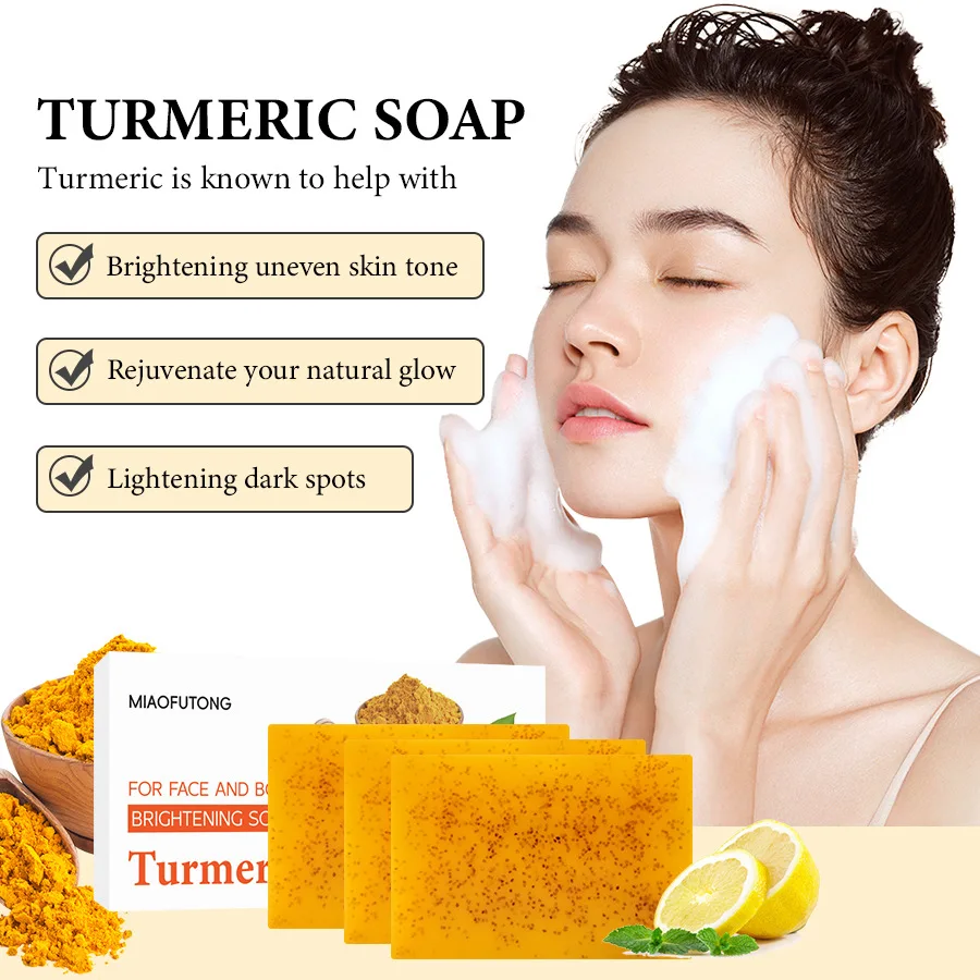 1/4 Pieces 100g Turmeric Lemon Soap Ginger Kojic Acid Handmade Soap Skin Brightening Exfoliating Bath Bar for Glowing Skin