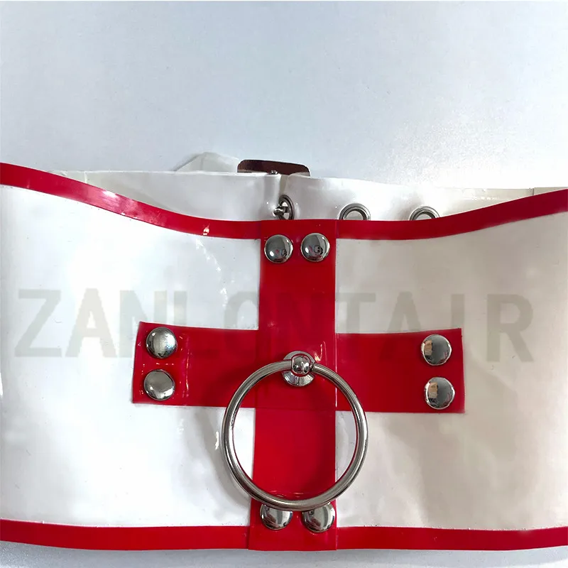 Lingerie sexy exótica unissex, feminina, masculina, feita à mão, látex branco, gola ajustável, cachecol, cinta de pescoço com anel cruzado, uniforme zentai