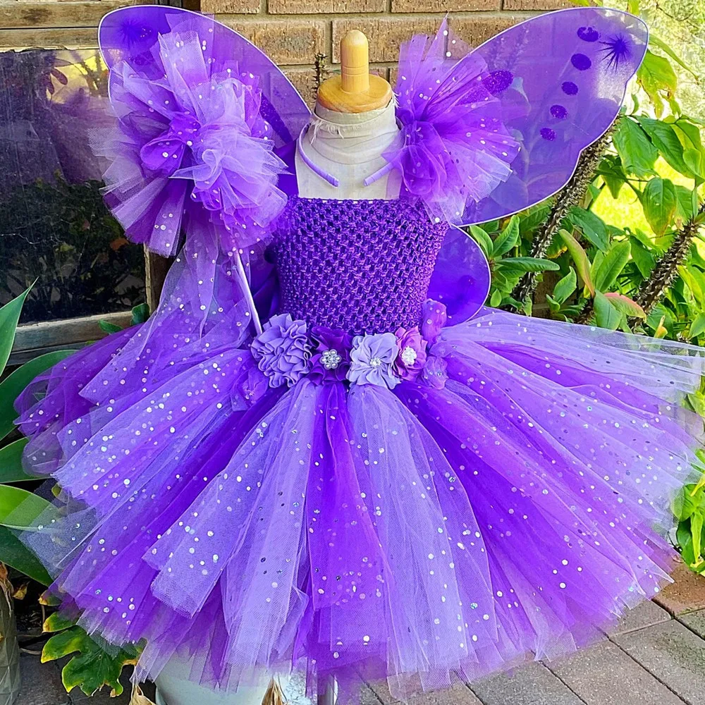 Girls Pink Flower Fairy Dress Kids Glitter Tutu Dress with Butterfly Wing and Stick Hairbow Set Children Cosplay Party Costumes