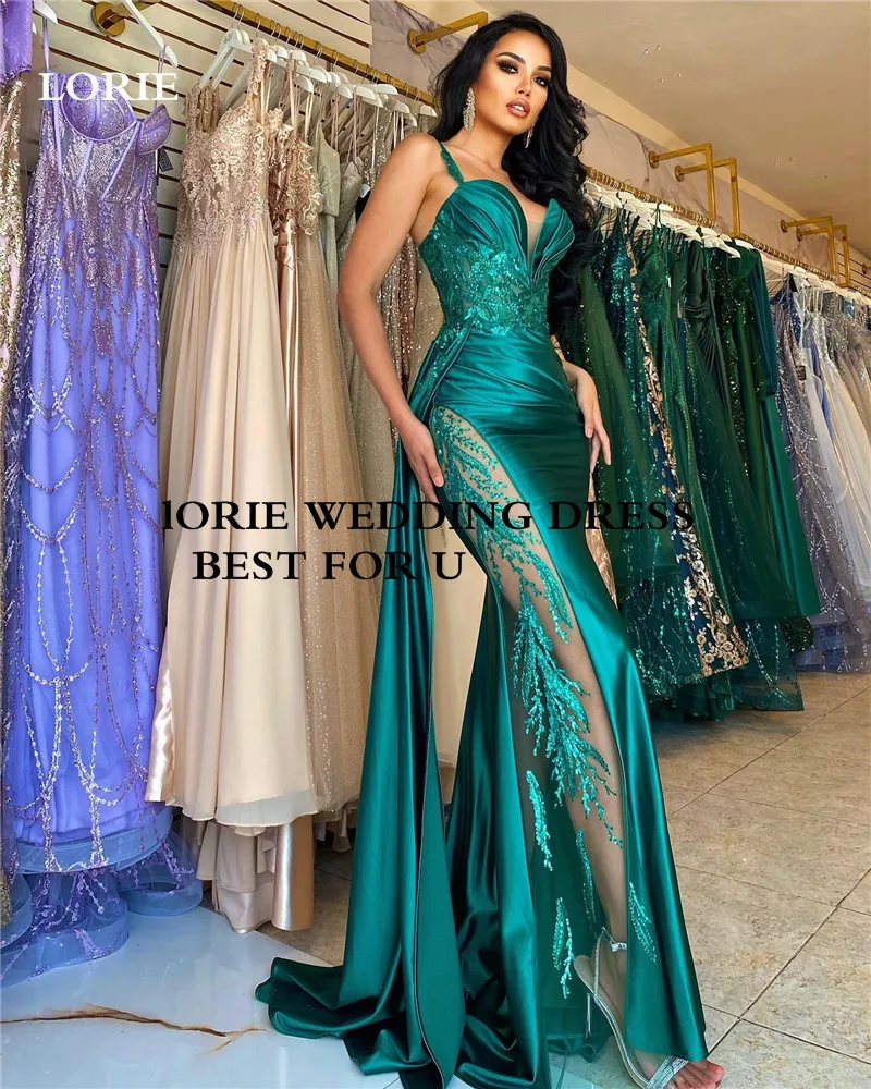 LORIE Hunter Spaghetti Straps Green Mermaid Evening Dresses Side Split Summer Lace Prom Gowns Evening Party Dress