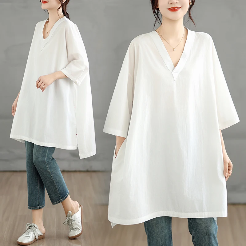 

Casual Loose V-Neck Shirt Women's Fashion Summer New Style Korean Version Comfortable All-Match Loose Top Ladies' Shirt
