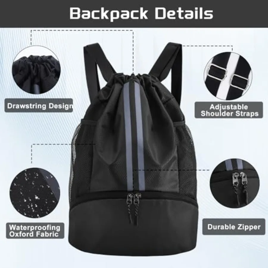 Sports Drawstring Backpack with Shoes Compartment, String Gym Bag with Wet Proof Pocket for Basketball, Soccer, Swim, Sport Bag view 5