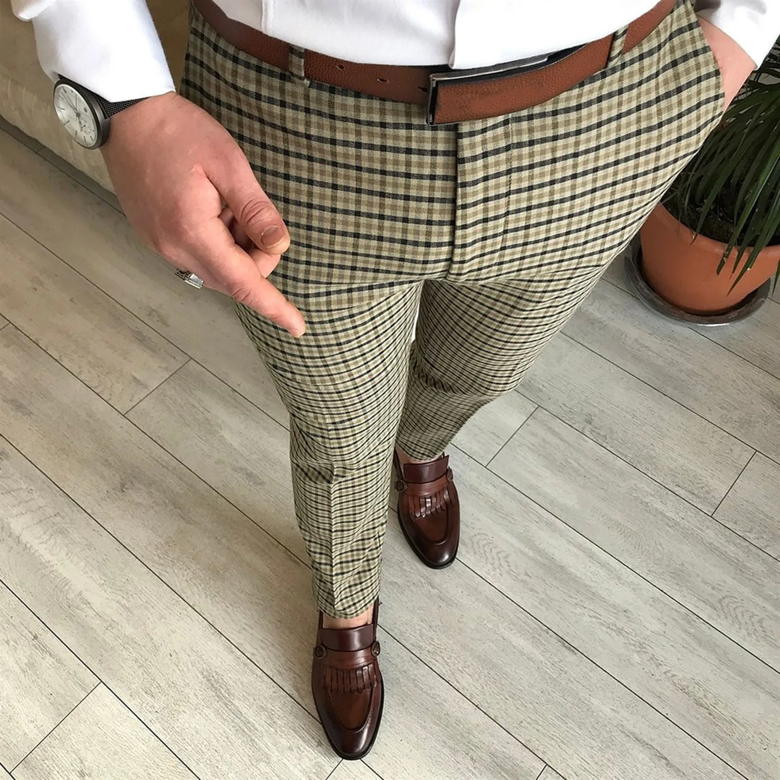 Male Casual Business Plaid Print Slim Pants Zipper Fly Pocket Cropped Pencil Trousers Taupe Pants