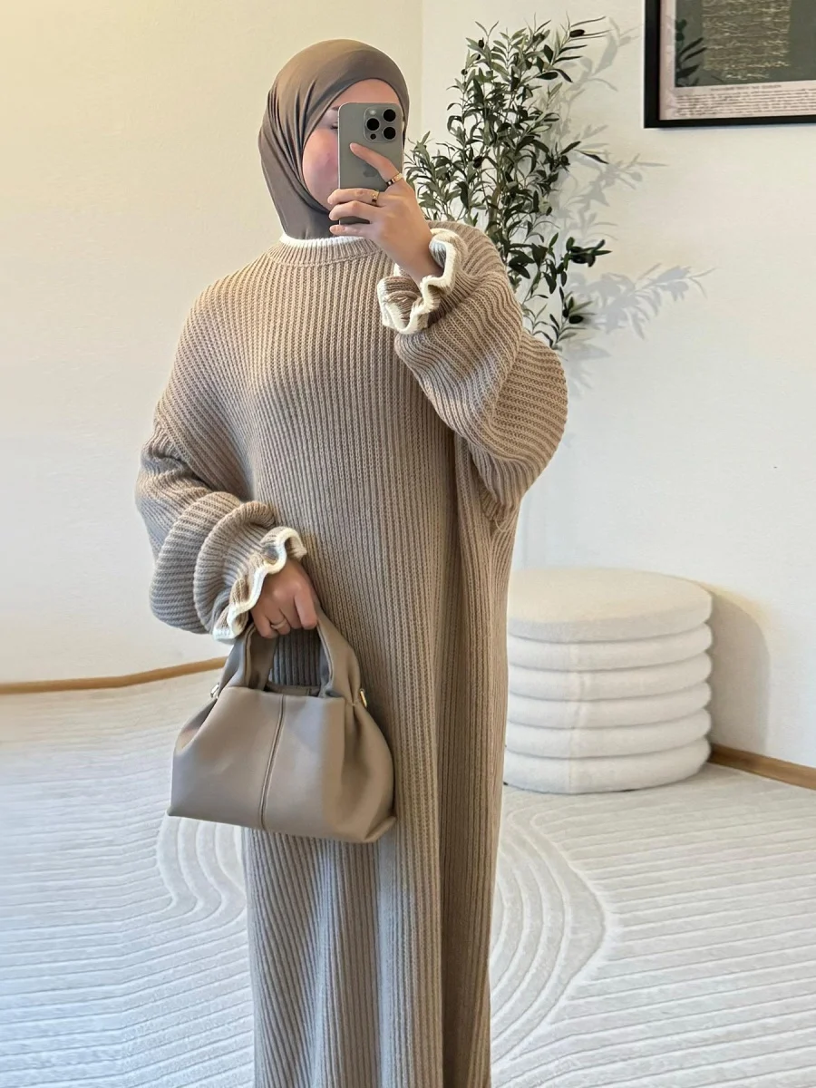 Muslim Women Winter Dubai Abaya Floral Sleeve Long Dress knitted sweater Solid Modest Ramadan Kaftan Robe Femme Islamic Clothing