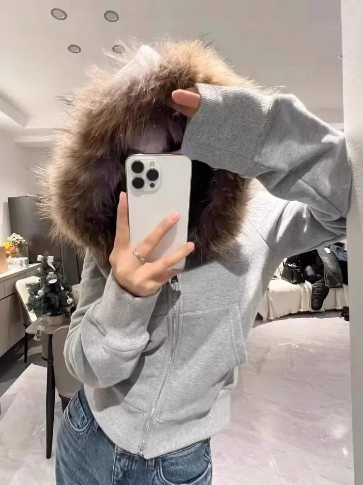 Casual All Match Korean Pocket Coats Vintage Fur Patchwork Hooded Grunge Zip Up Hoodies Women Y2k Aesthetic Gray Sweatshirts