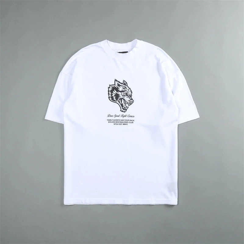 Fit GYM Wolf Head Men's American Style Short-Sleeved T-Shirt Fitness Clothing Top Retro Training Shirt Loose Cotton Sport Shirt