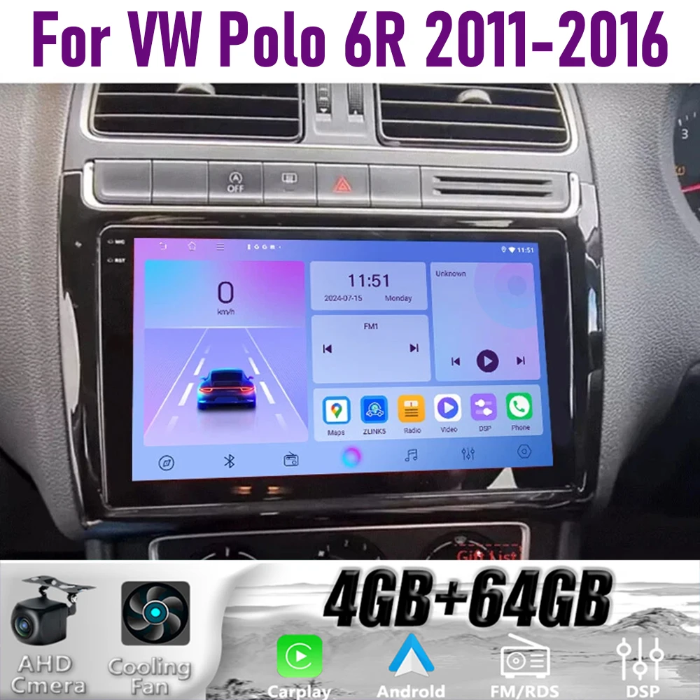 

GPS 9" For VW Polo 6R 2011-2016 Wireless CarPlay Android 15 Car Radio WIFI Multimedia Player Head Unit Google Map Camera 4+64GB
