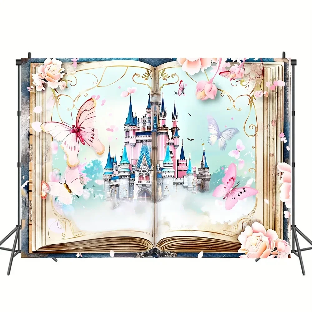 Charming fairytale castle and floral butterfly photography background - Princess birthday, wedding and party decoration