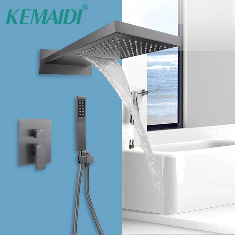 KEMAIDI Grey Rain Waterfall Shower Faucet Bathroom Wall Mounted Brass 3-ways Shower  Mixer Tap w/ Handshower Spray Hot Cold