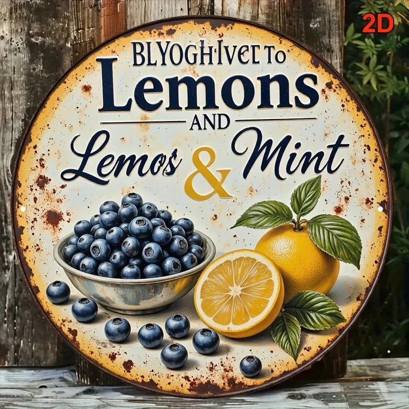 [2D Flat] Vintage Blueberry, Lemon & Mint Aluminum Sign - 8X 8inch Round Wall Art, Suitable for Country-Style Decor in Kitchens, Bars, Cafes, and Bakeries.