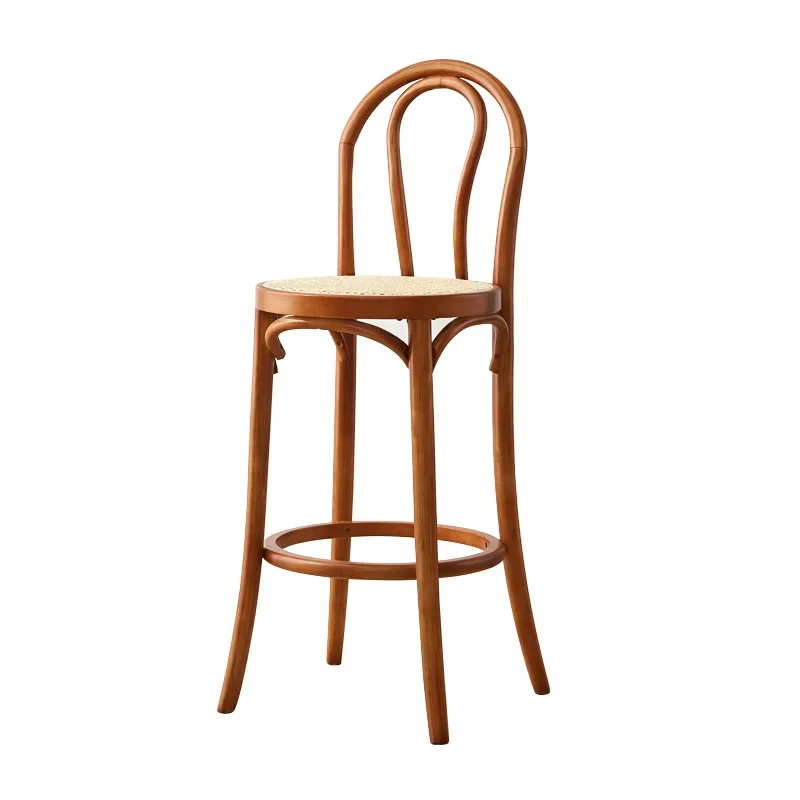 

Japanese style solid wood rattan bar chair, modern minimalist backrest, high legged chair, Nordic island table chair