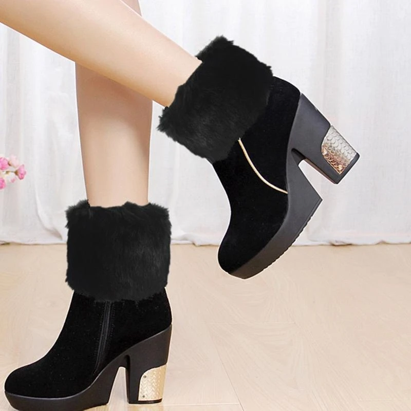 Women Crochet Knit Faux Fur Trim Leg Warmers Short Furry Fuzzy Leg Cuffs Foot Cover Leg Sleeve 15UB