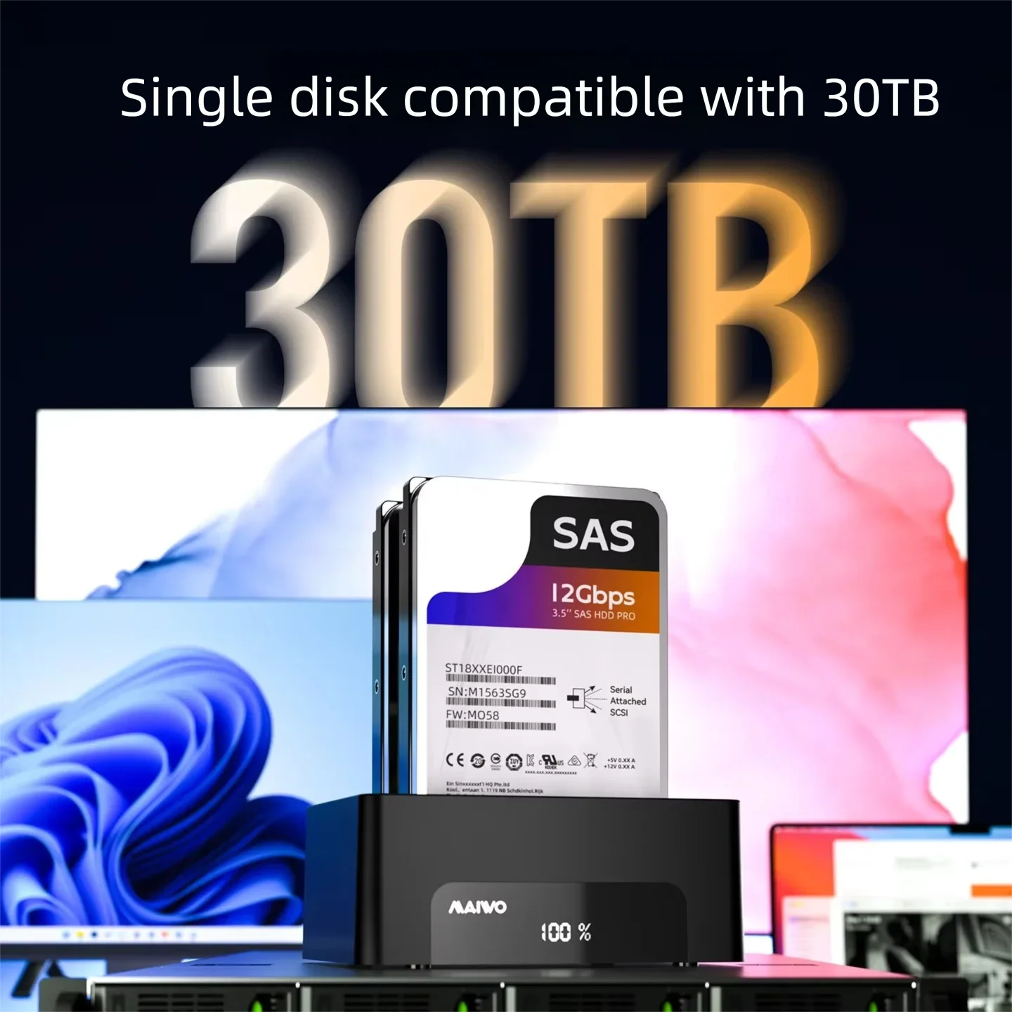 MAIWO SAS/SATA HDD Docking Station 2 Bay 2.5/3.5 inch HDD Case 6/12Gbps USB3.2 Adapter with Offline Clone Support 30TB Capacity