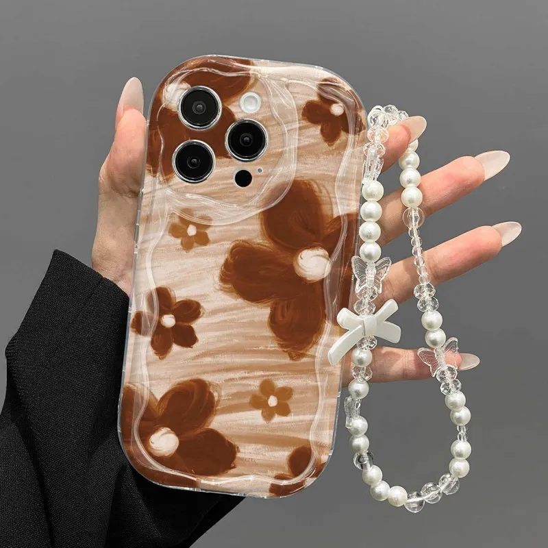 Coffee Brown Floral 3D Ripple Texture Lanyard Case For Samsung Galaxy S26 Ultra S25 S24 S23 A57 A37 A56 A55 A36 A27 A16 5G Cover