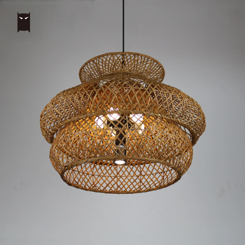 60cm Big Hand Woven Bamboo Wicker Rattan Shade Pendant Light Fixture Retro Vintage Country Hanging Ceiling Lamp Foyer E27 Bulb