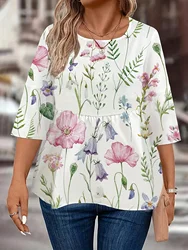 Plus Size Fashion Loose Shirt Woman Elegant Round-Neck Woman Shirt Printed Casual Woman Shirt Holiday Weekend Top