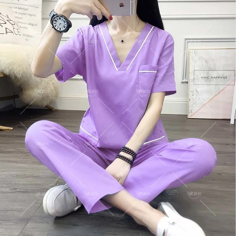 Plug Size Scrub Set Women Nursing Uniforms Cotton V Neck Scrub Top Short Sleeve Workwear Doctor Scrub Trousers Surgical Overalls