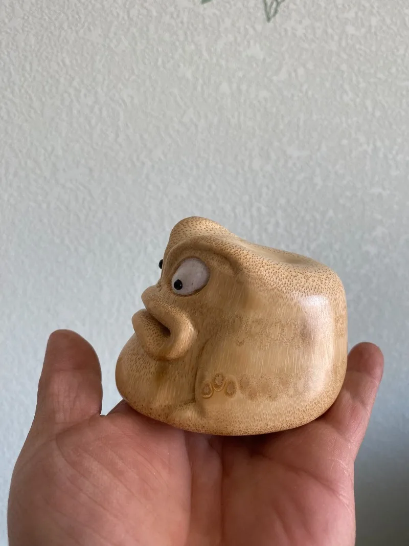 Big Belly Aged Bamboo Root Carving, Handmade Zen Woodcraft Art, Expressive Desk Office Handheld Ornament Collectible
