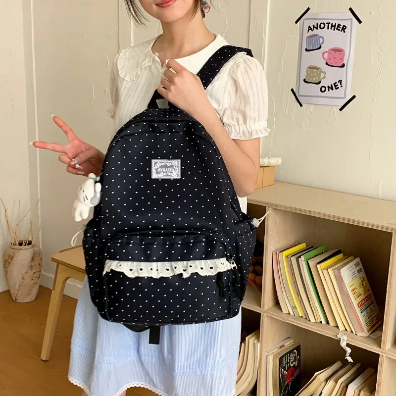 Girls Sweet Polka Dot Backpacks Large Capacity Casual Book Bags Lightweight Preppy Knapsack Outdoor Travel Trip Backpack
