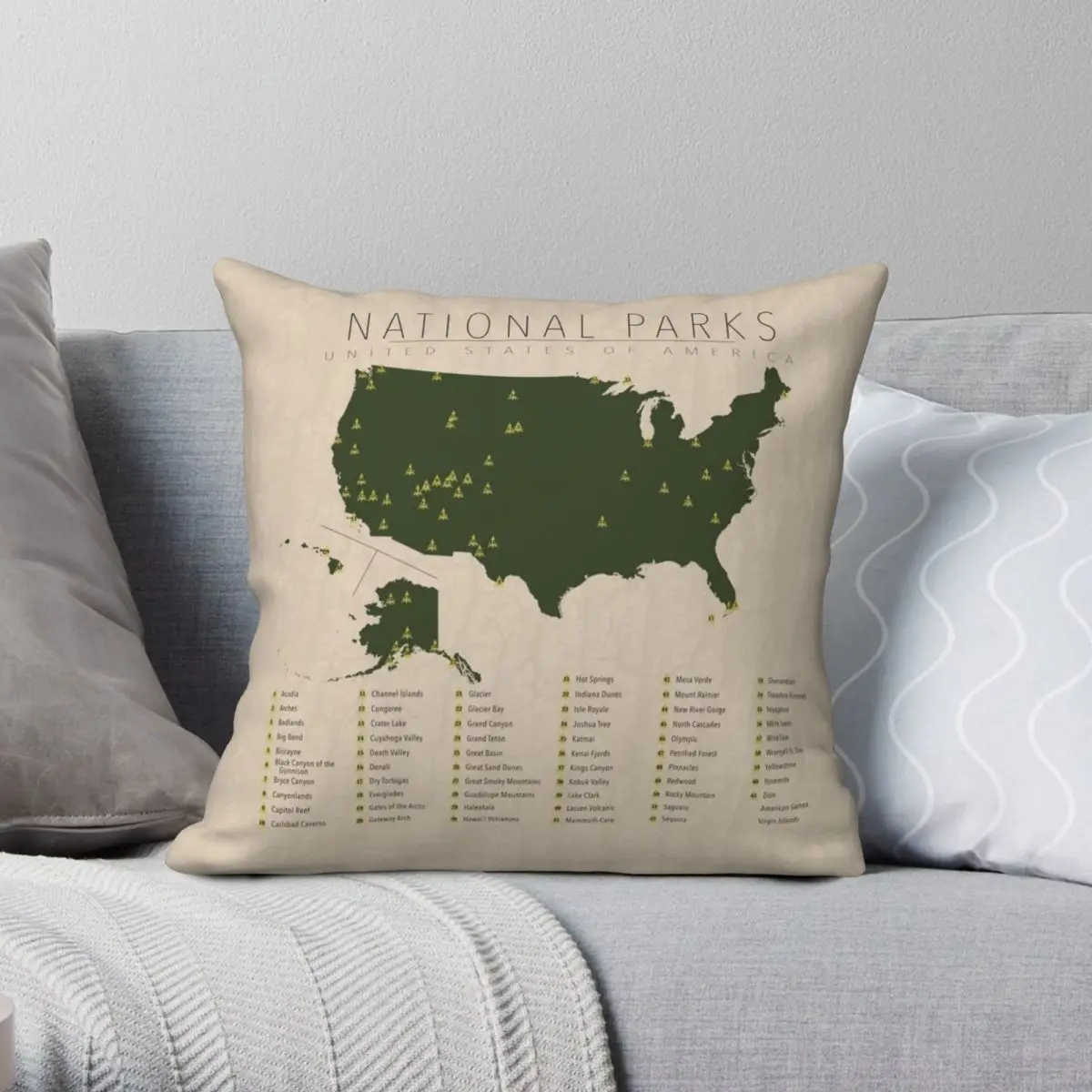 

Map Of The US 63 National Parks Square Pillowcase Polyester Linen Velvet Printed Zip Throw Pillow Case Home Cushion Cover 18"